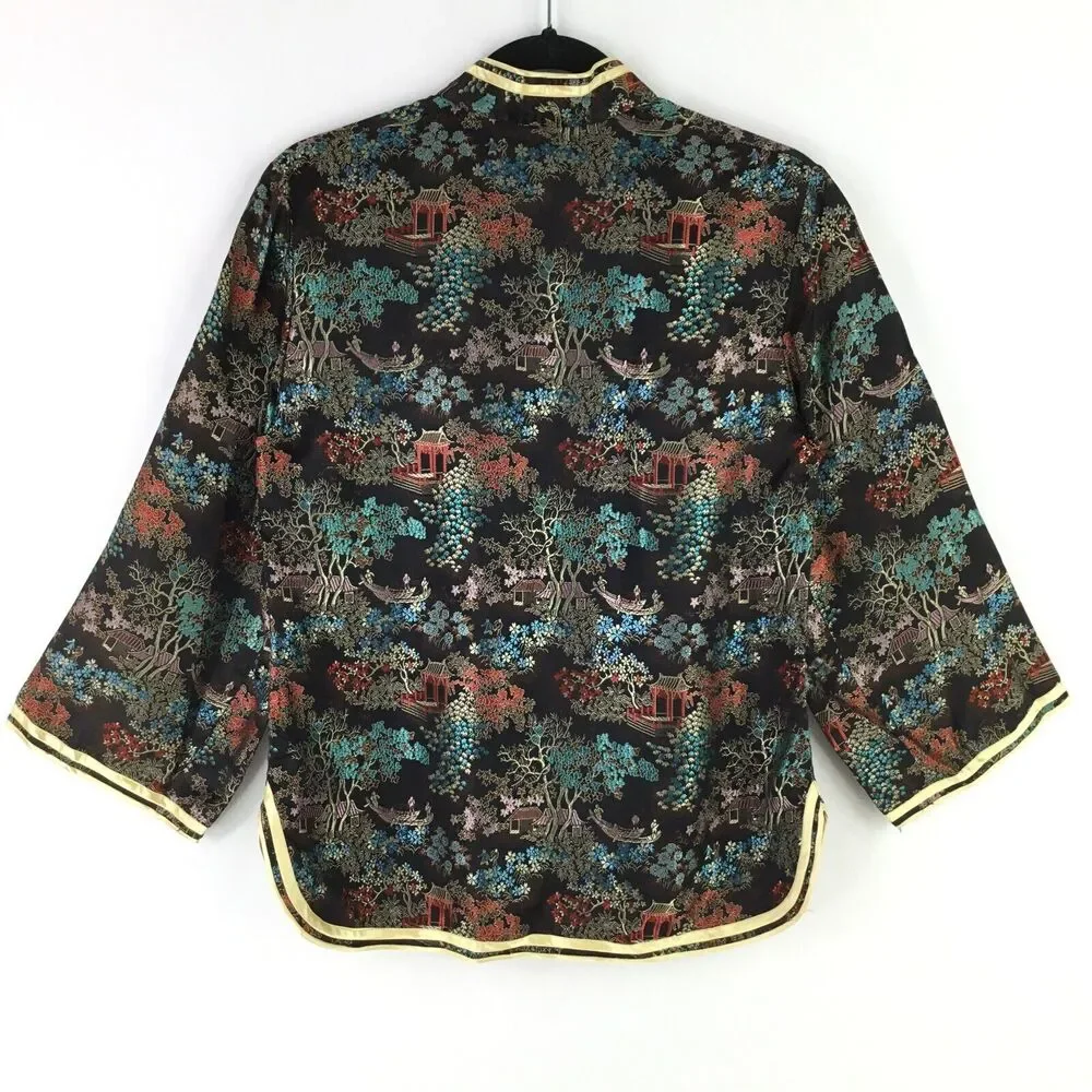 Vintage Solz Squirrel Satin Asian Jacket Womens sz L Black Multi 3/4 Sleeve NEW - Picture 6 of 11